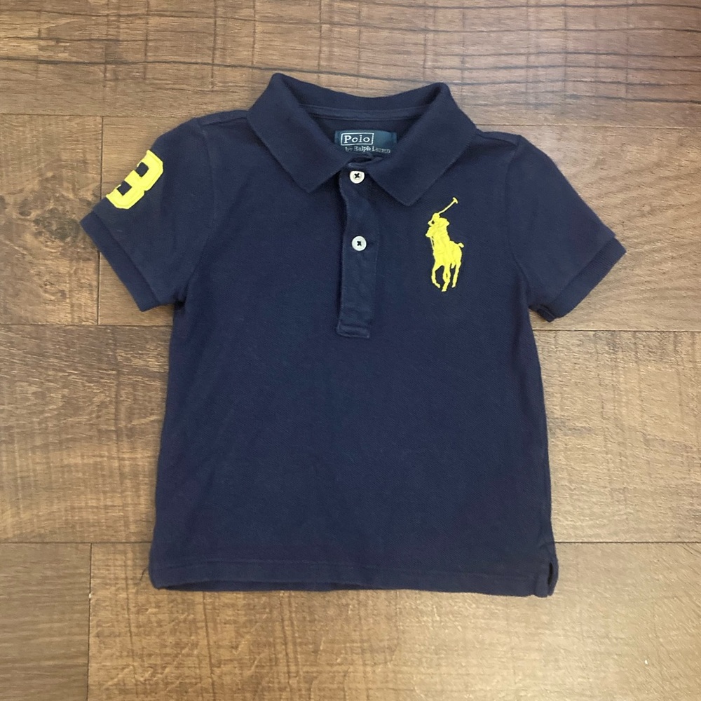 Ralph Lauren Boys Navy Polo Shirt Large Yellow Pony Sleeve Number 3 Size 18M